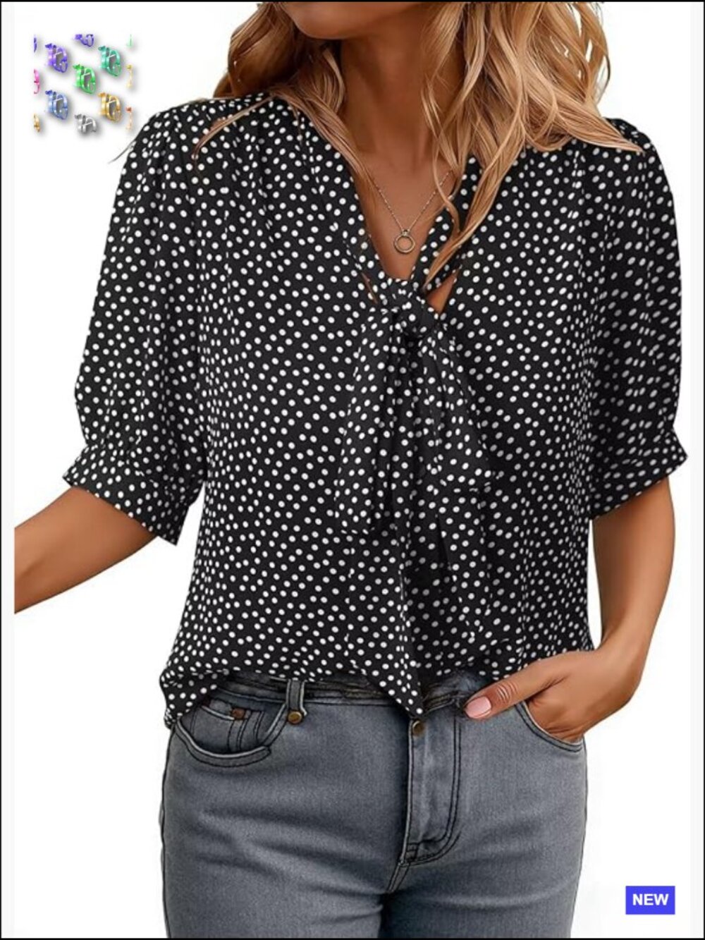Women’s Black Polka Dot Tie-Neck Blouse